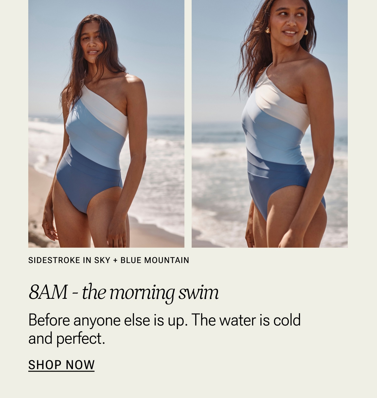 Model in blue and white one piece swimsuit