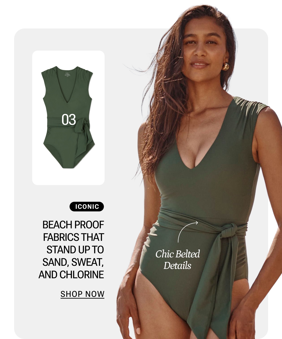 Model in olive green belted one piece swimsuit