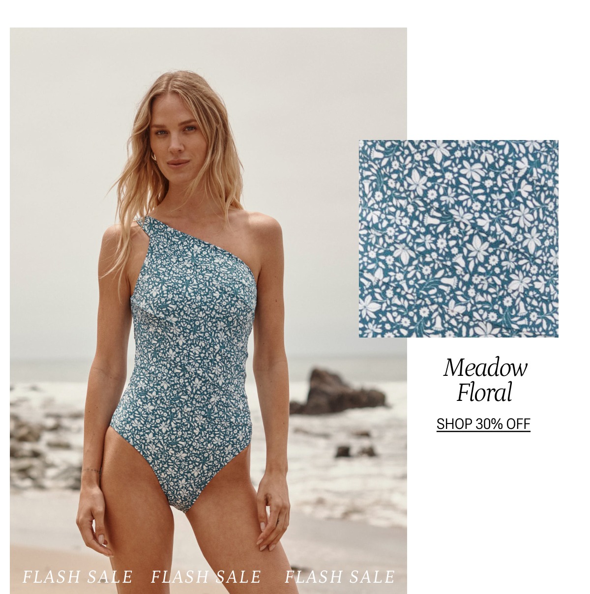 Model in printed one piece swimsuit