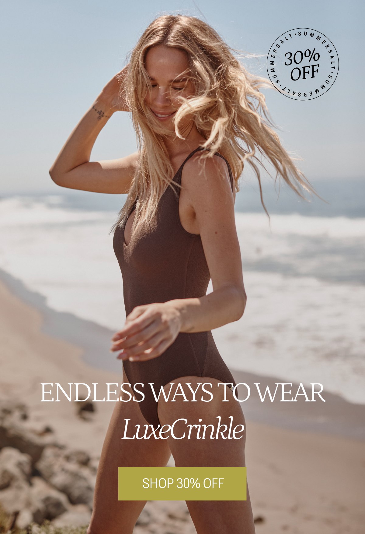 Model in LuxeCrinkle mocha one piece swimsuit