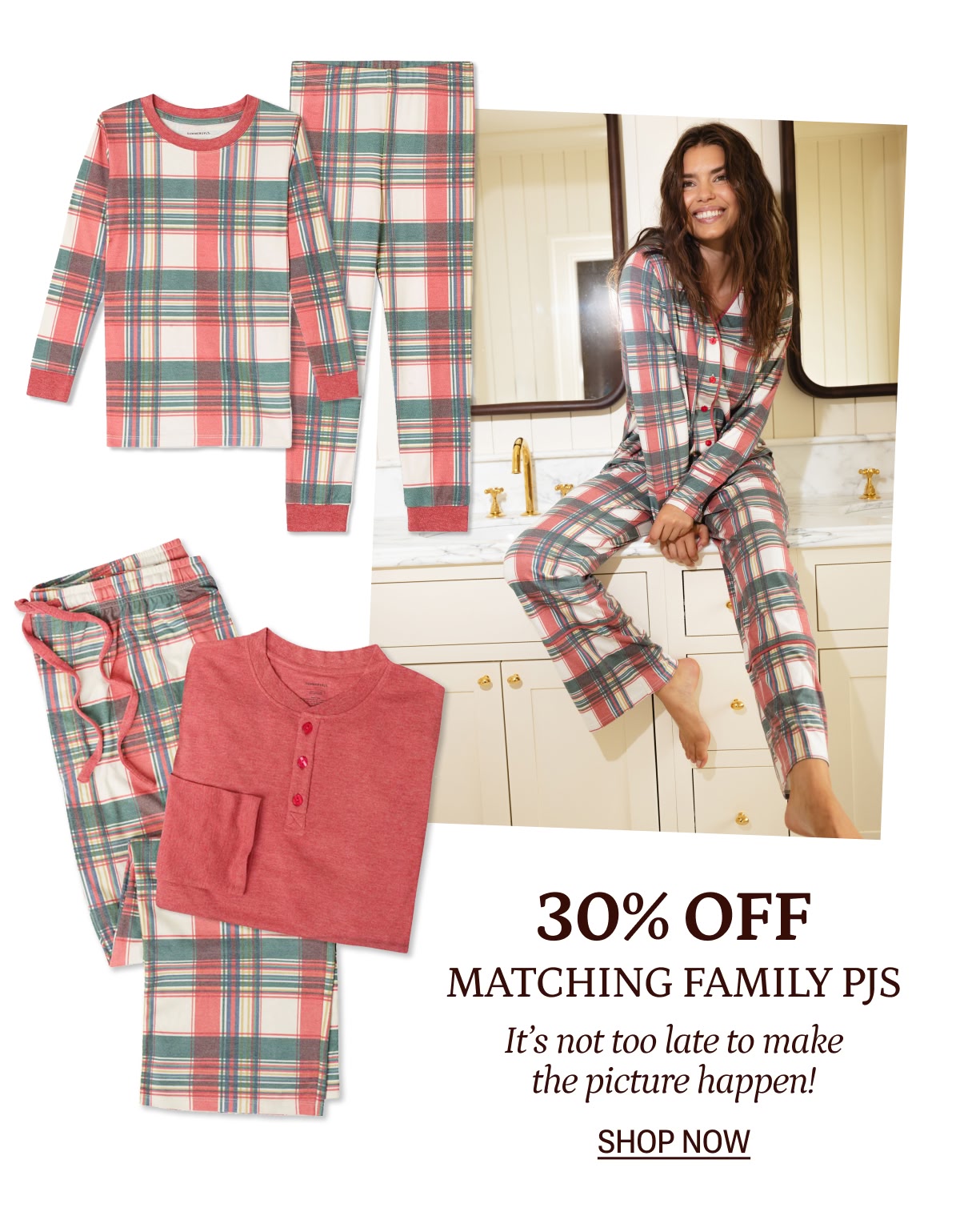 Model in matching holiday family pajamas