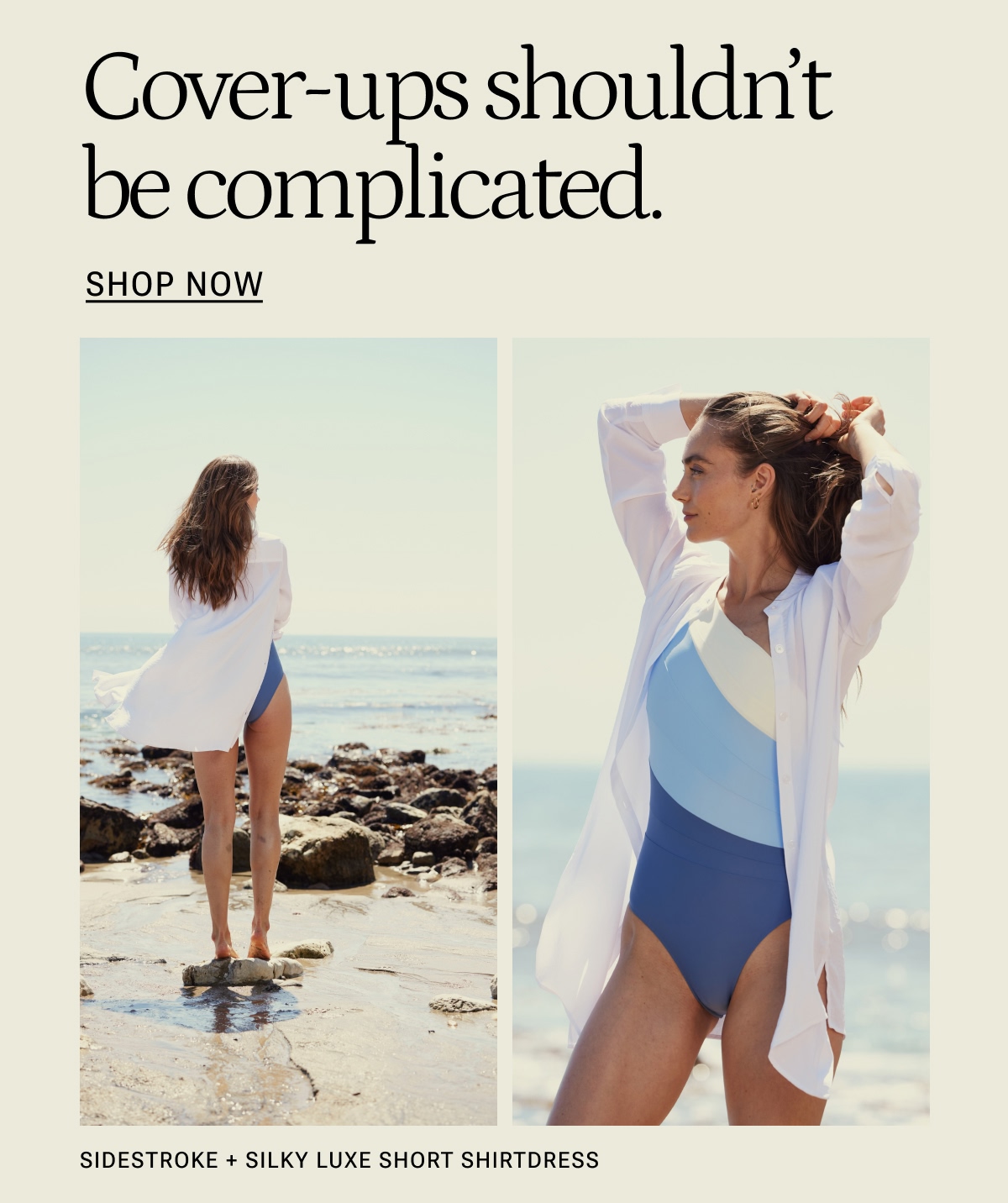 Model in white and blue one piece swimsuit with white shirtdress cover-up