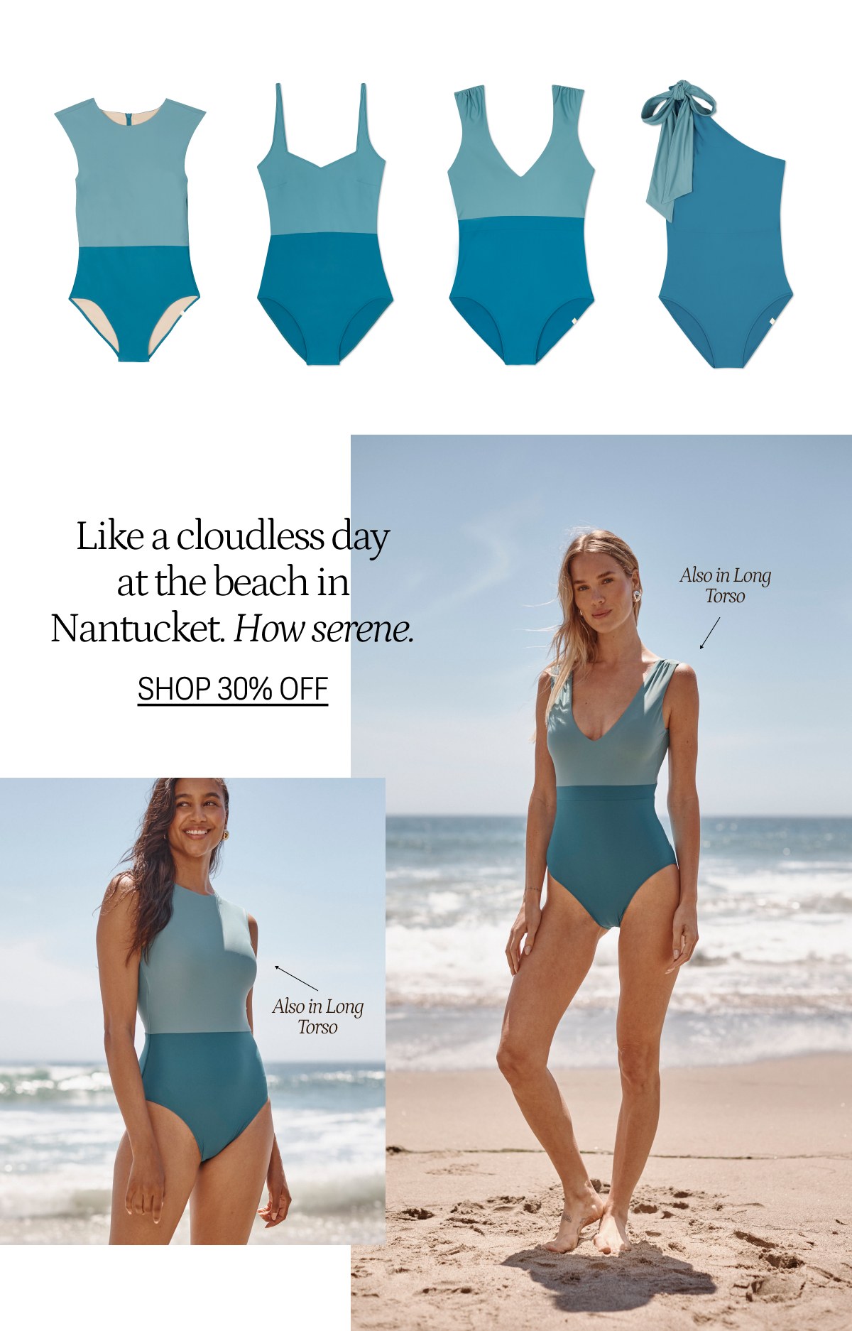 Models wearing blue one piece swimsuits on the beach