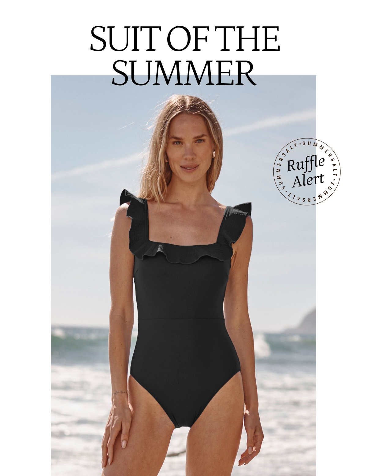 Model wearing a black ruffle one piece swimsuit