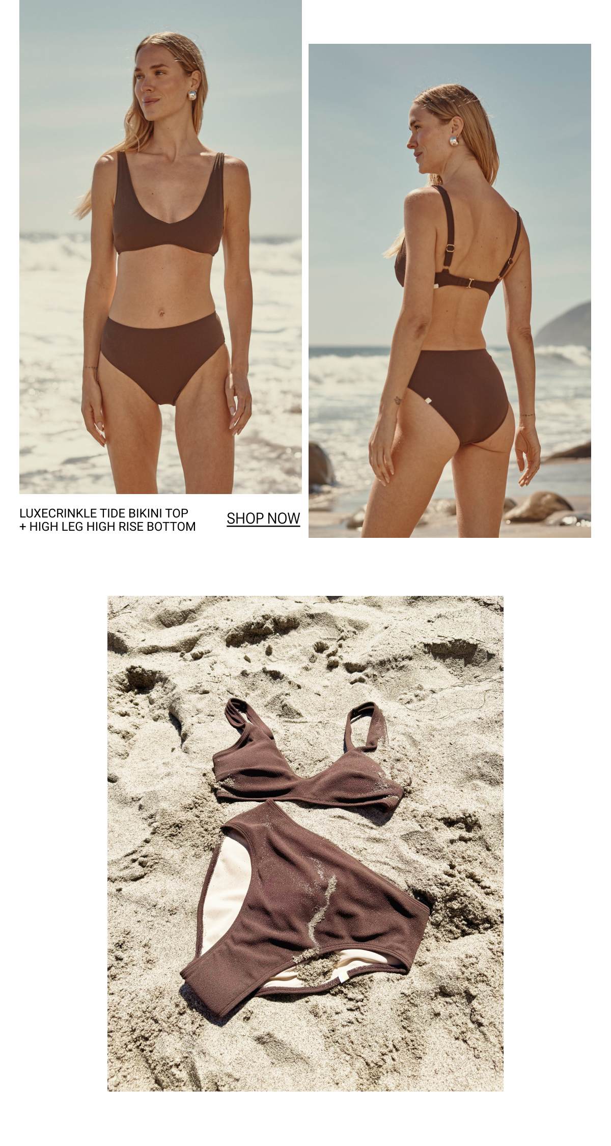 Model in mocha LuxeCrinkle bikini top and bottom