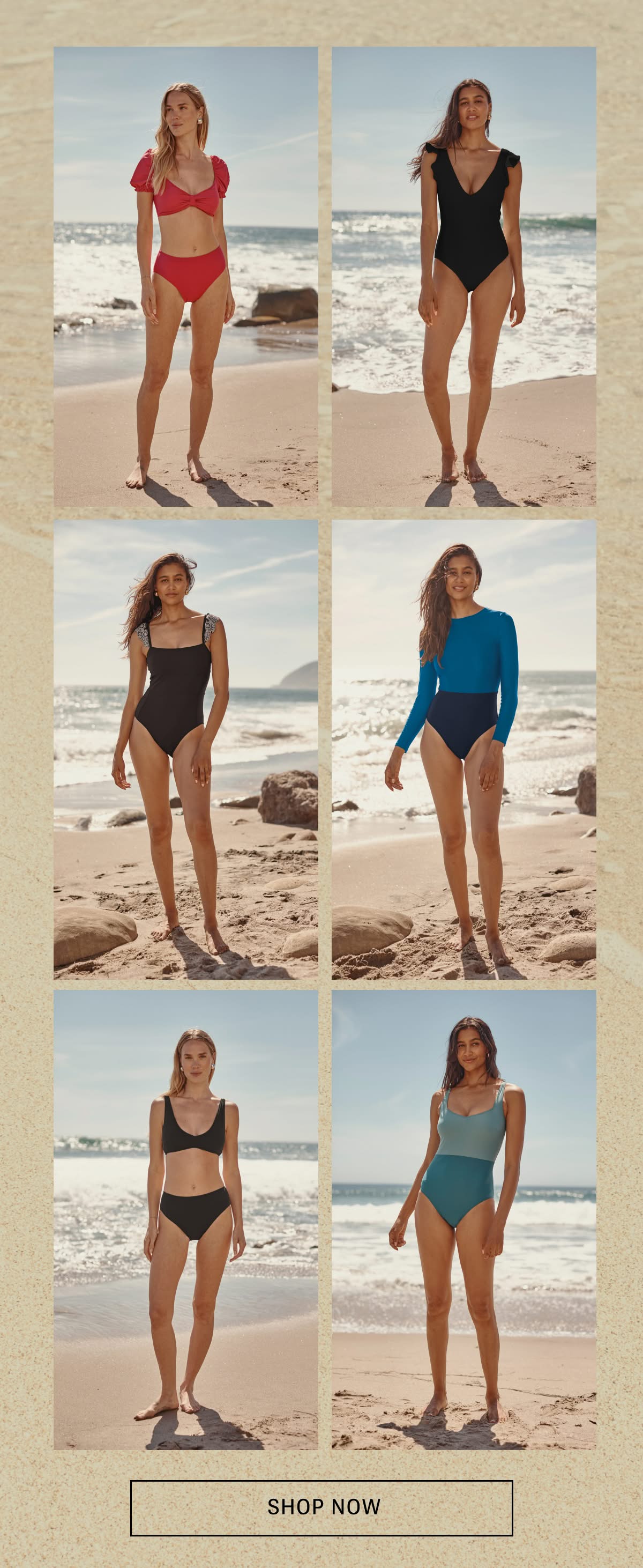 Models in various colored Summersalt one pieces and bikinis