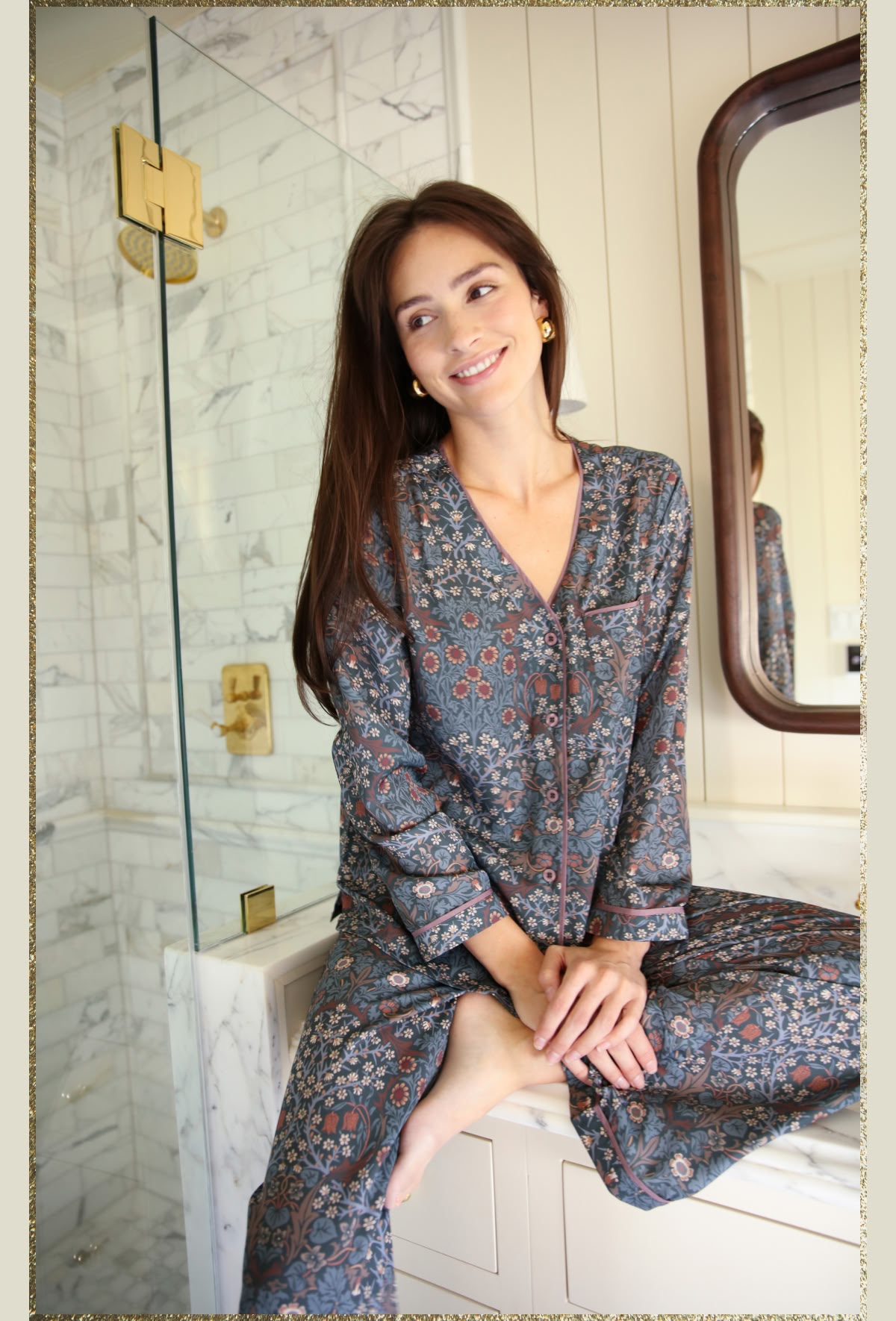 Model in Summersalt x Morris & Co. pajamas