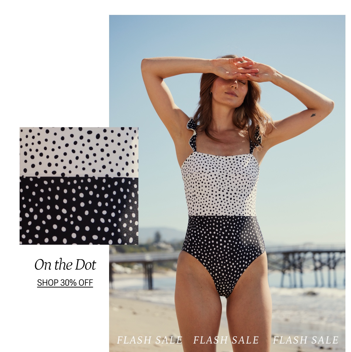 Model in printed one piece swimsuit