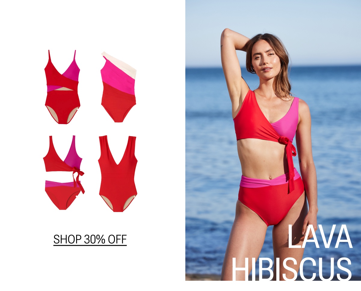 Model in pink and red bikini top and bottom