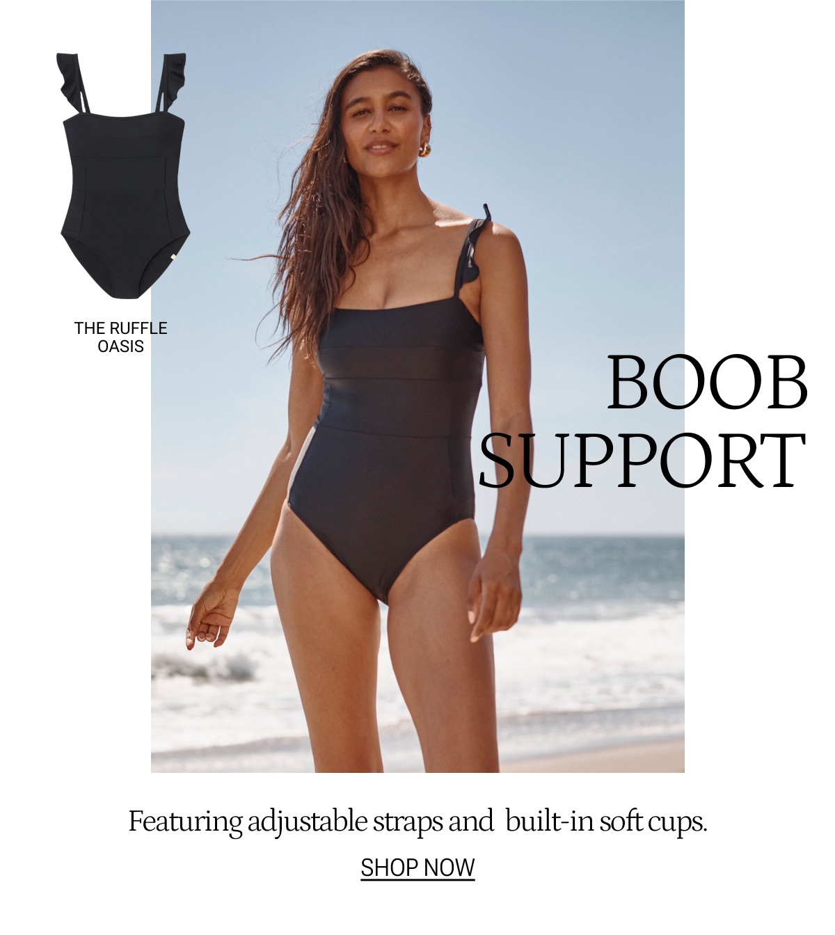 Model in black one piece swimsuit