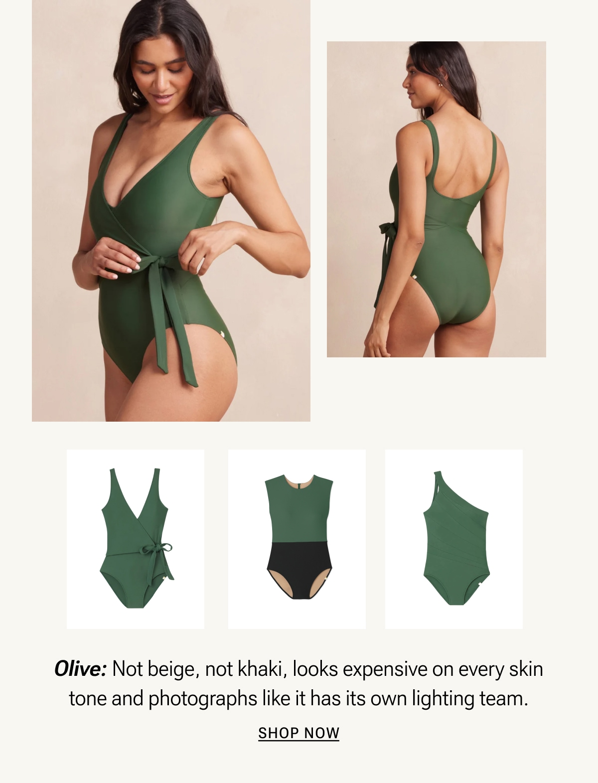 Model in olive green one piece swimsuit