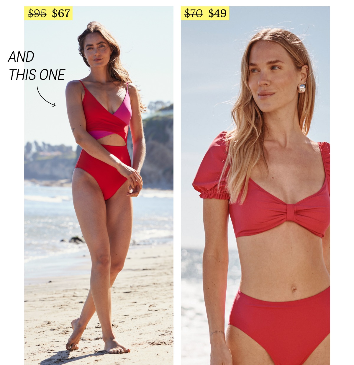 Models wearing pink and red swimsuits; one piece and bikini set