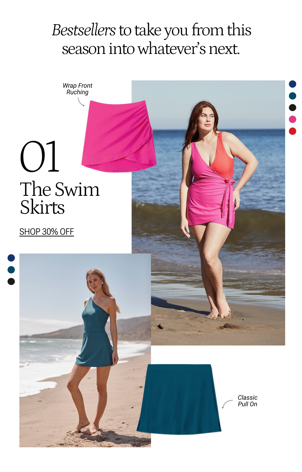 Model wearing pink and red suit with matching cover-up skirt