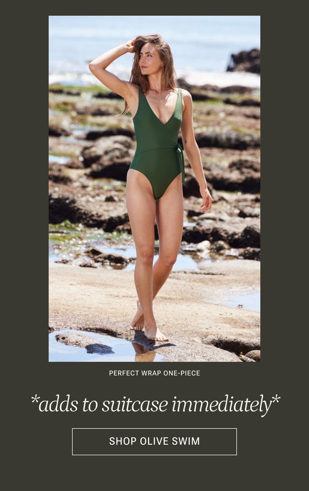 Model in olive green one piece swimsuit