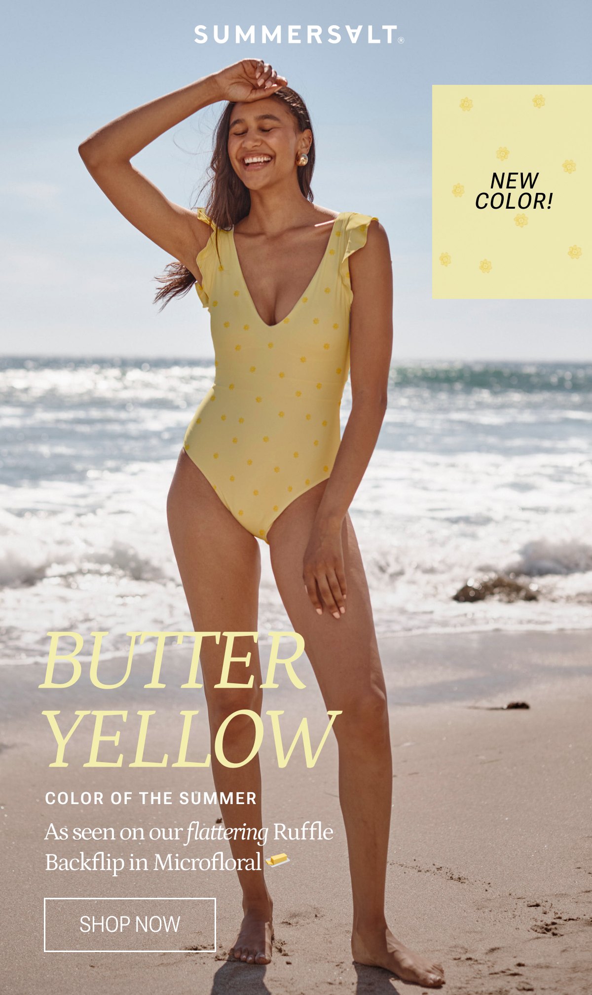Model wearing a butter yellow tiny floral printed one piece swimsuit