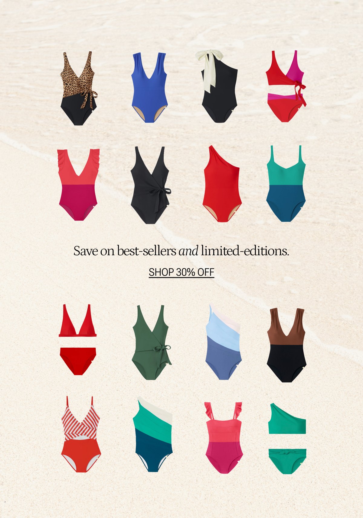 One piece swimsuits and bikinis in various colors from Summersalt