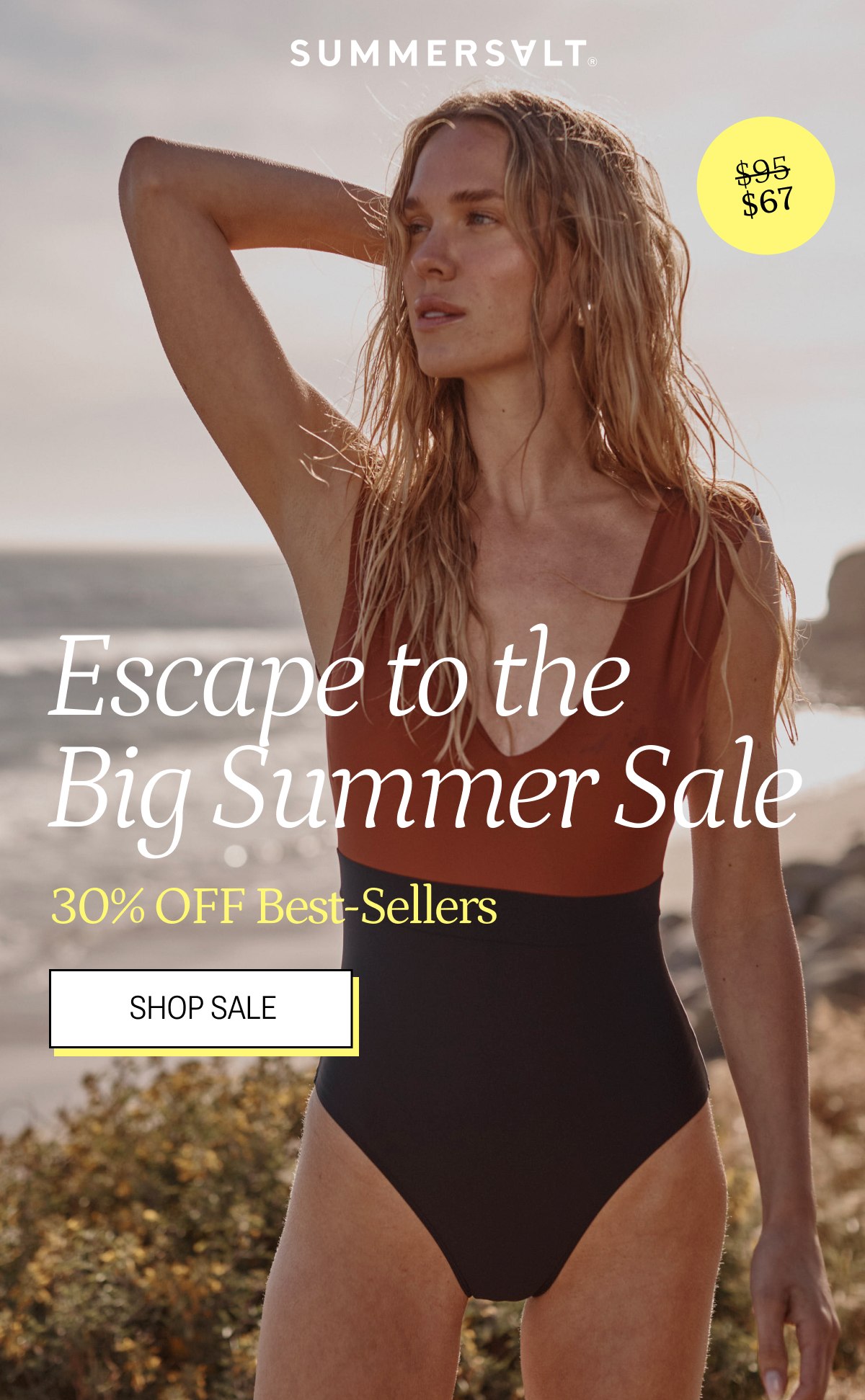 Model wearing a colorblock Summersalt one piece swimsuit