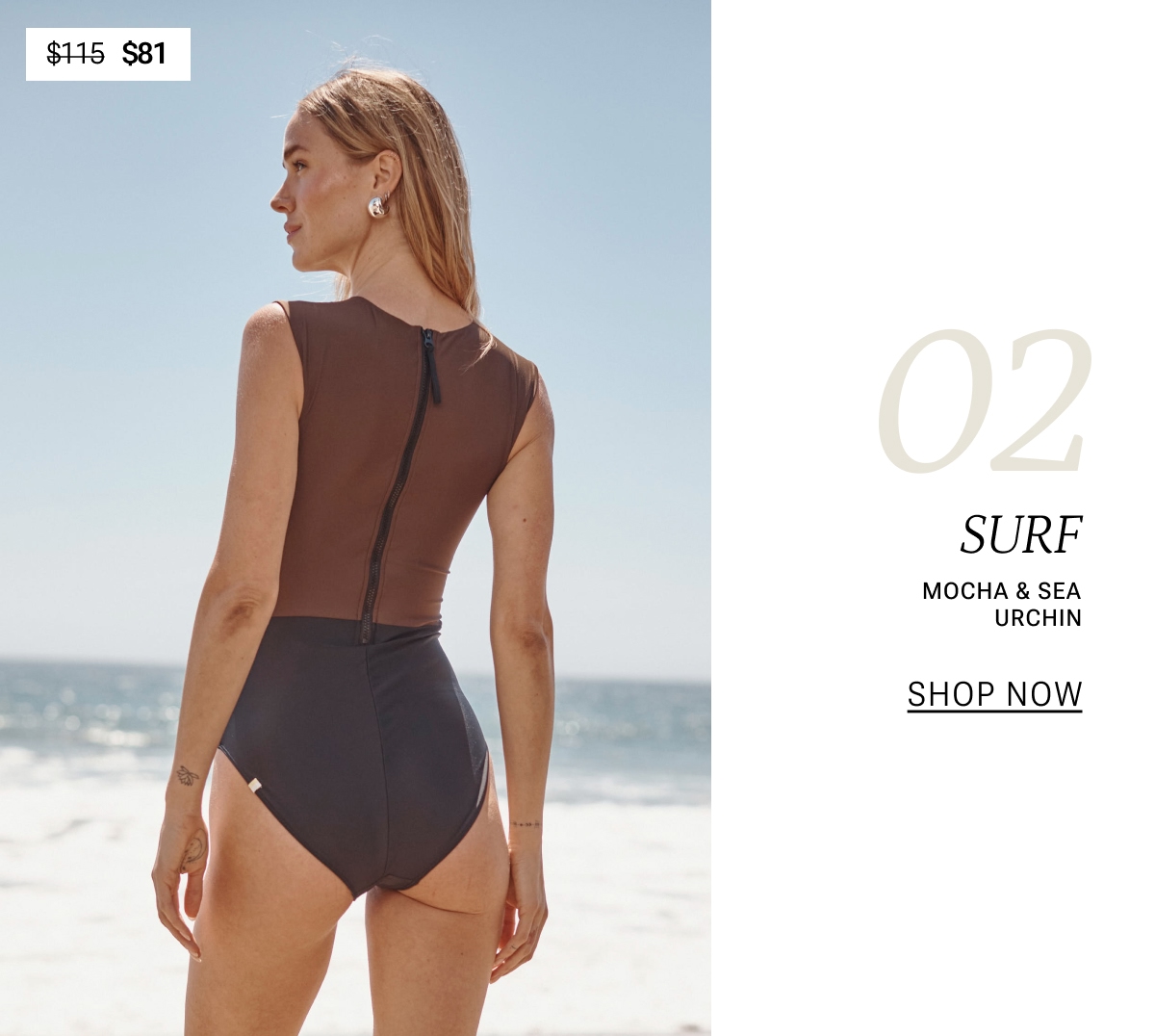 Model in black and brown high neck one piece swimsuit