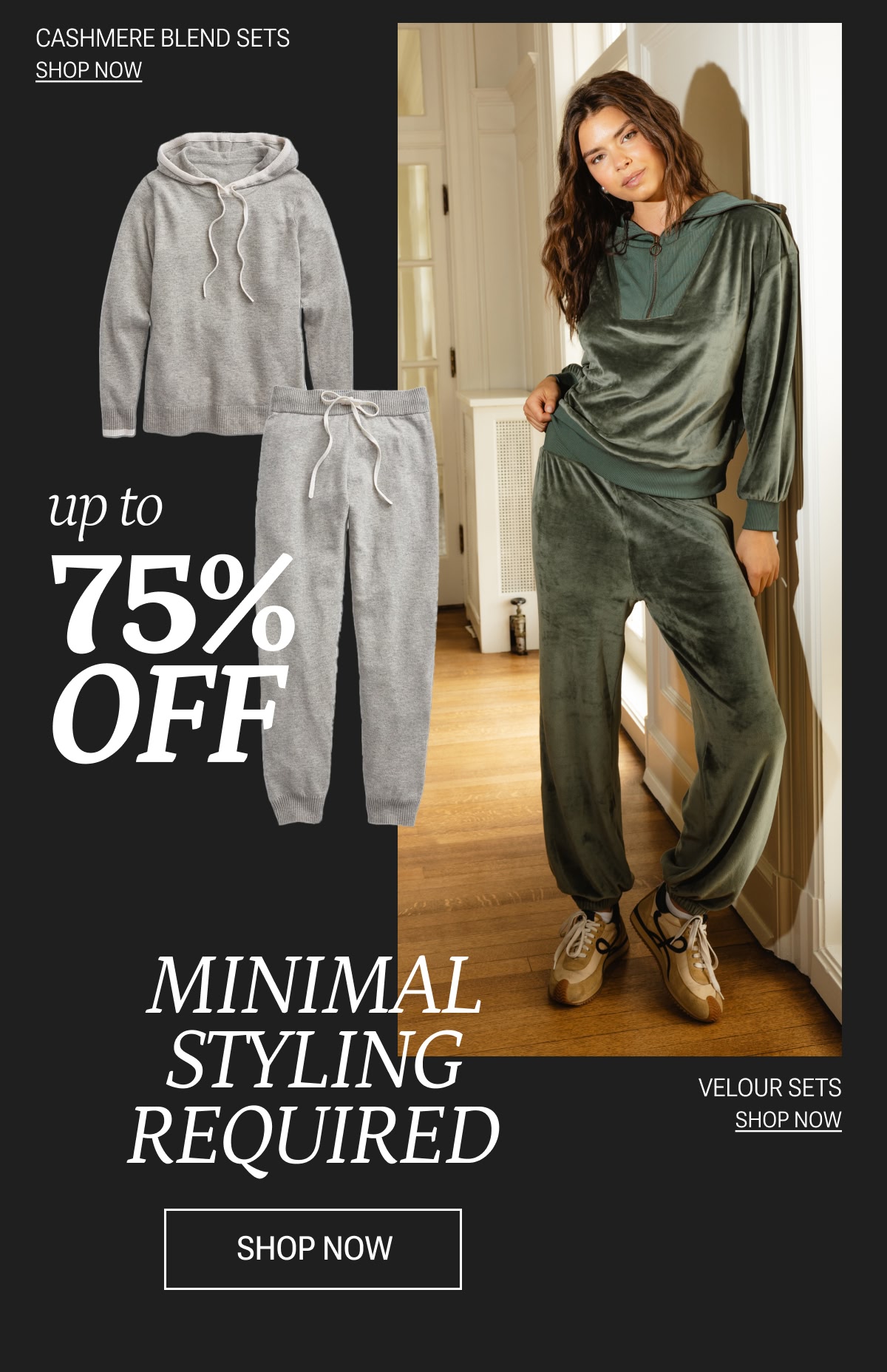 Model in matching olive green velour lounge set