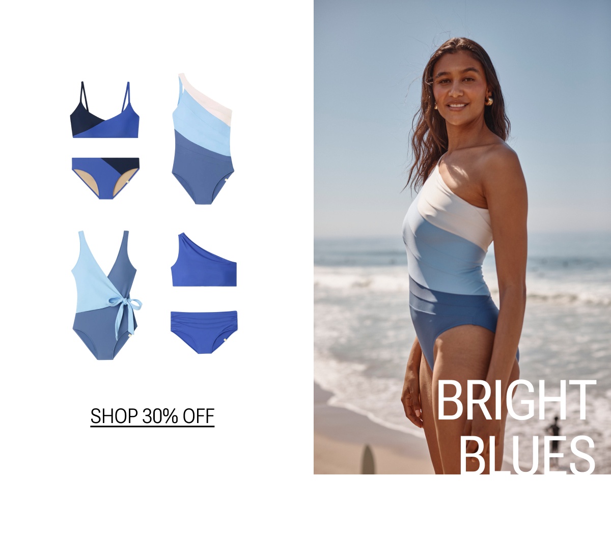 Model in blue and white one piece swimsuit