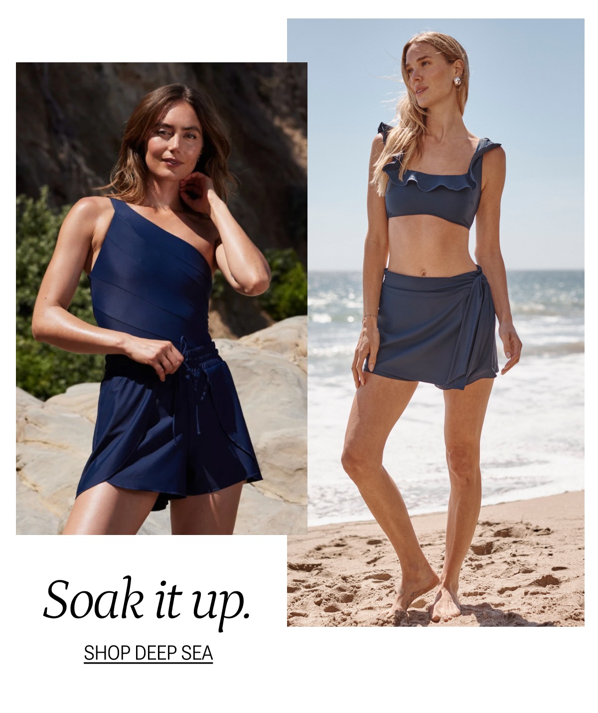 Models wearing a navy blue one piece swimsuit and bikini with matching swim shorts and skort