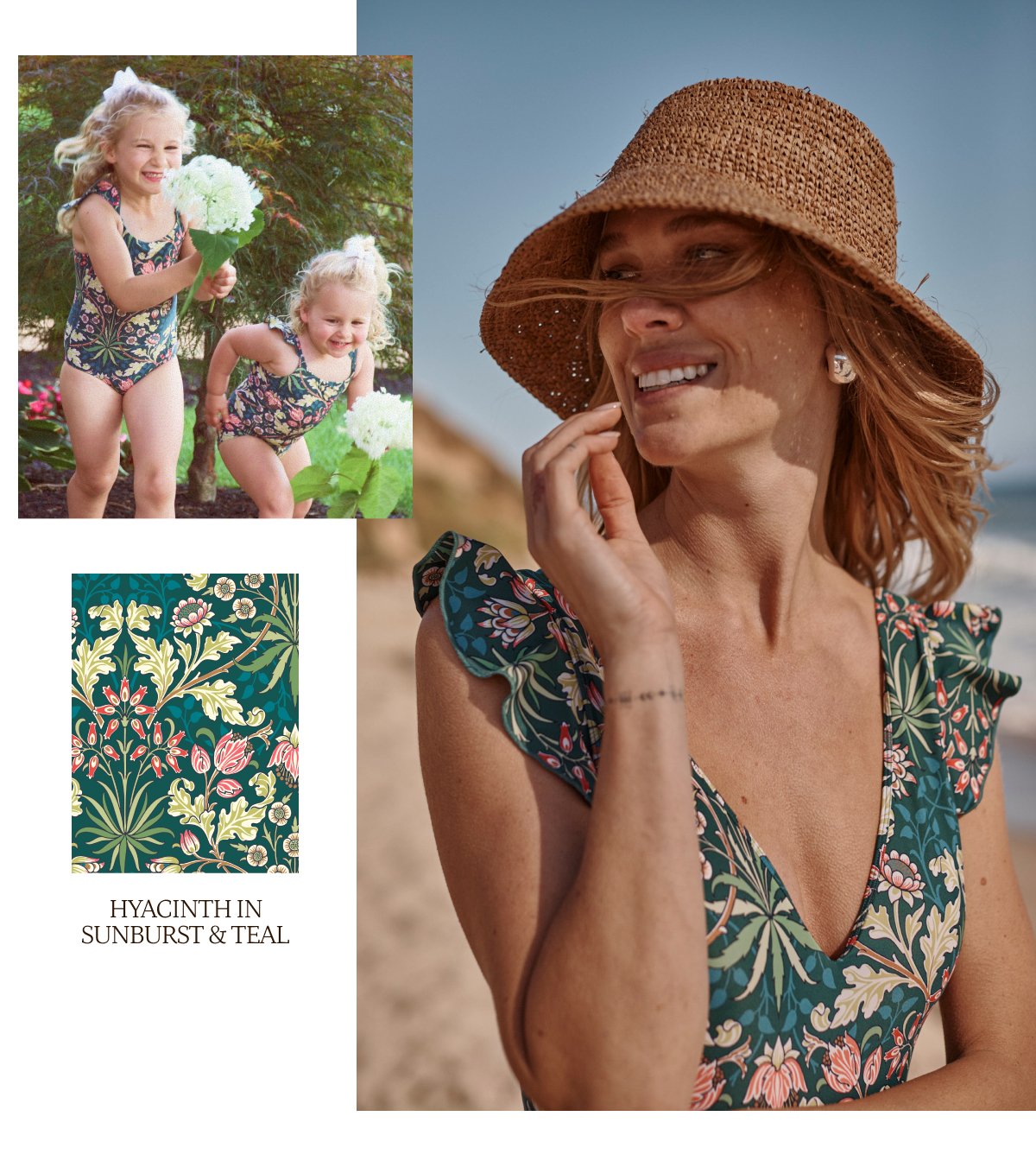 Models wearing floral printed one piece swimsuits on the beach