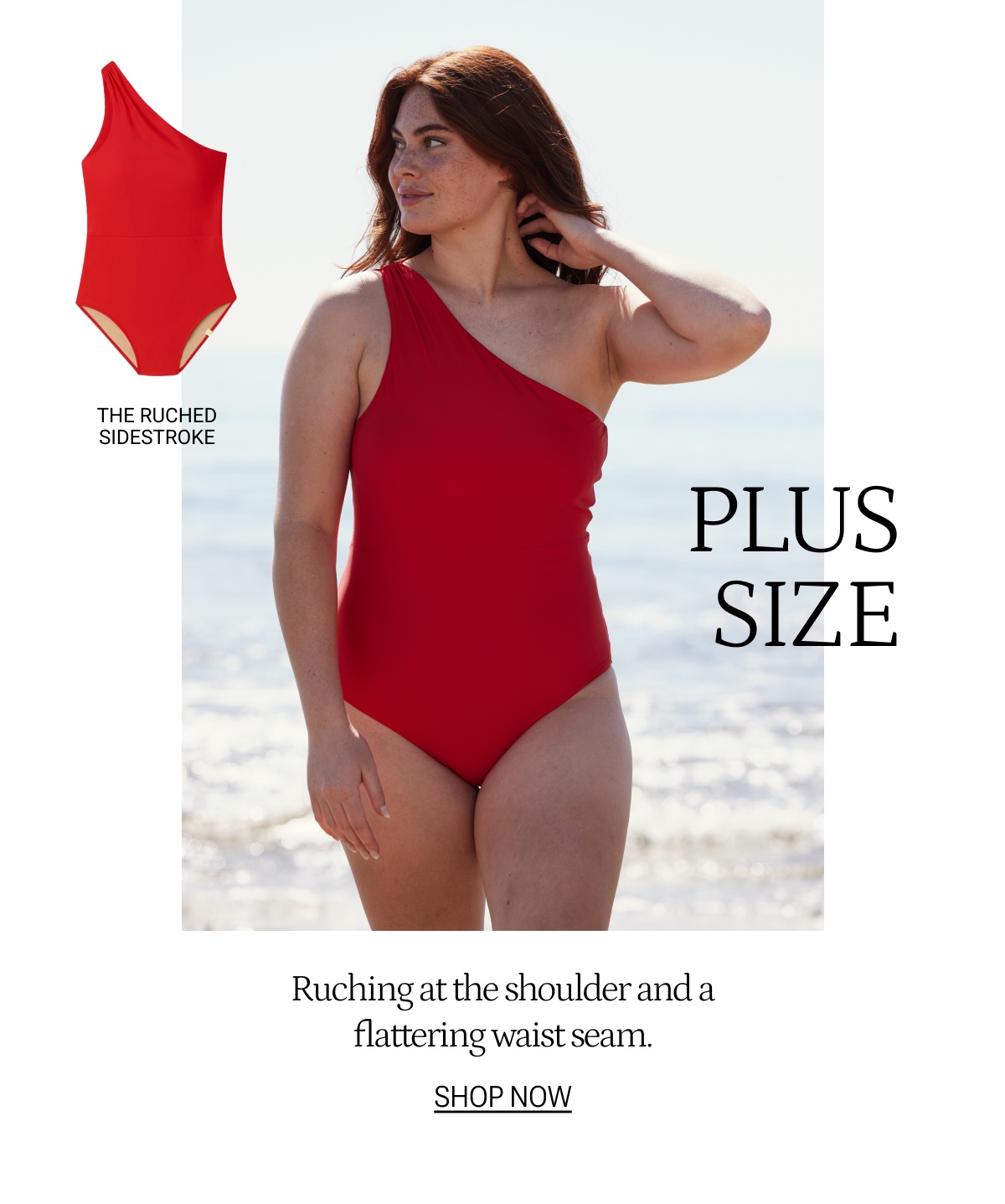 Model in red lava one piece swimsuit