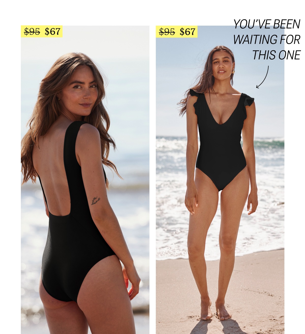 Models wearing black one piece swimsuits