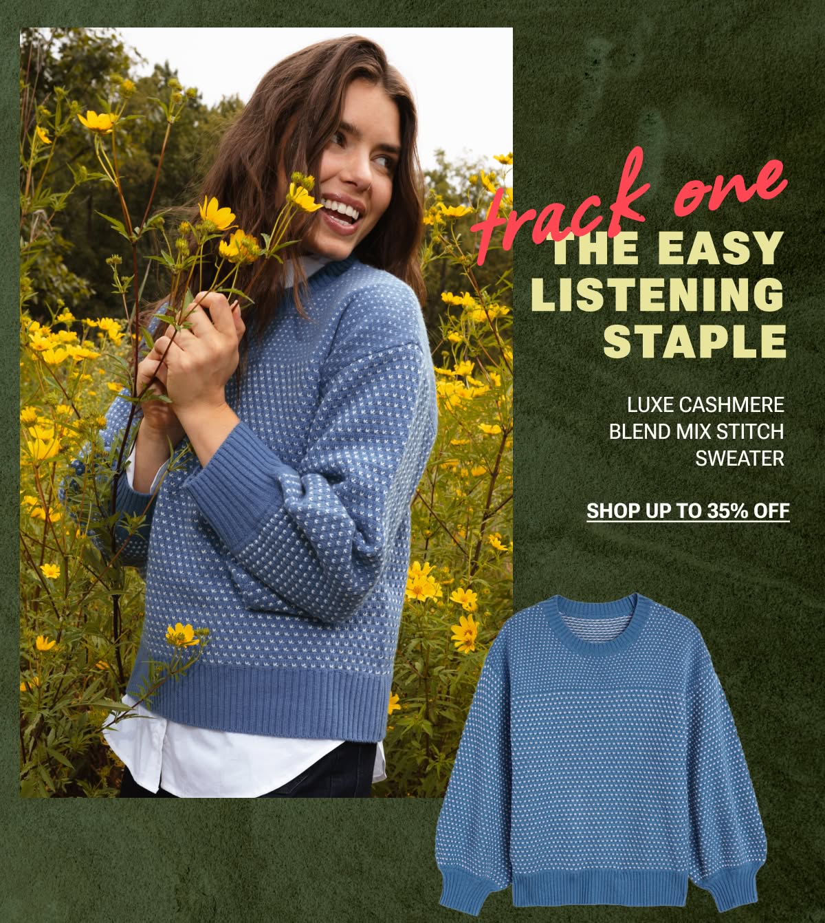 Model in blue and white dotted cashmere sweater