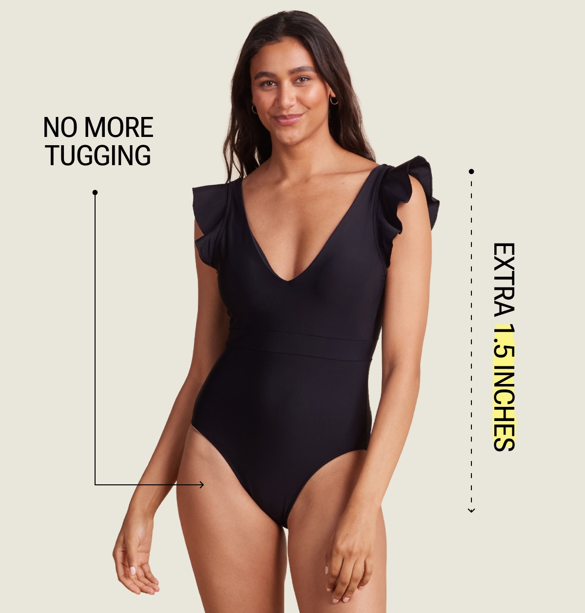 Model in black long torso one piece swimsuit