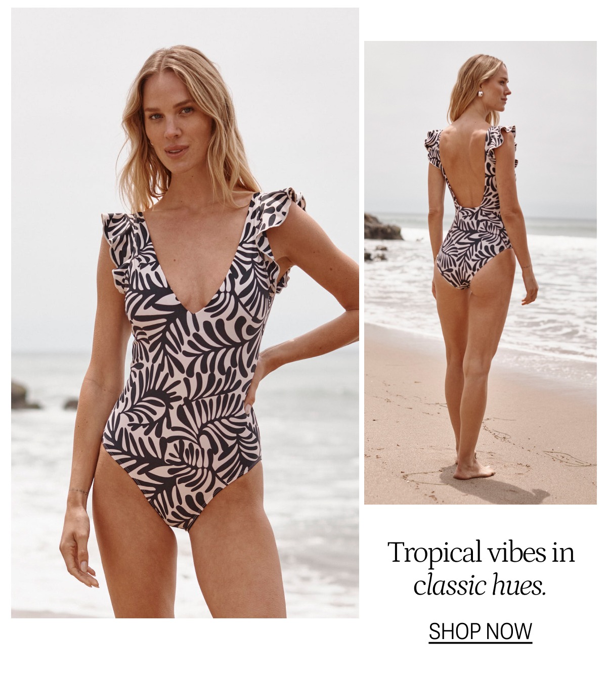Model wearing an abstract palm print one piece swimsuit on the beach