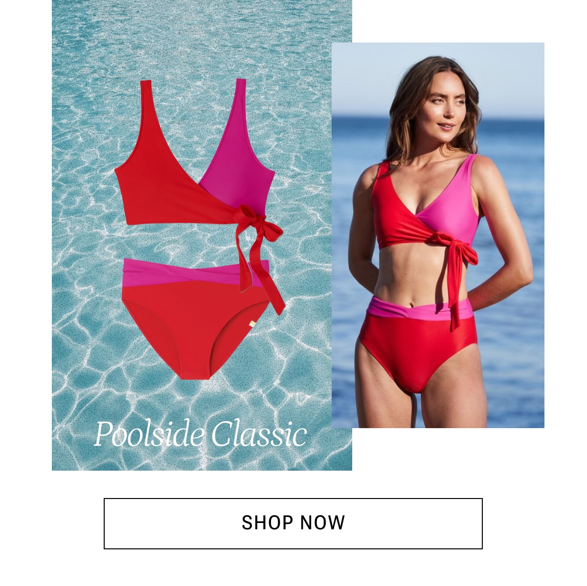 Model in matching pink and red bikini top and bottom