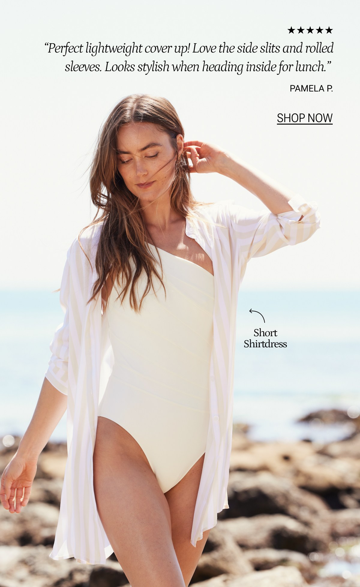 Model wearing white one piece swimsuit with sand shell striped short button down shirtdress cover-up
