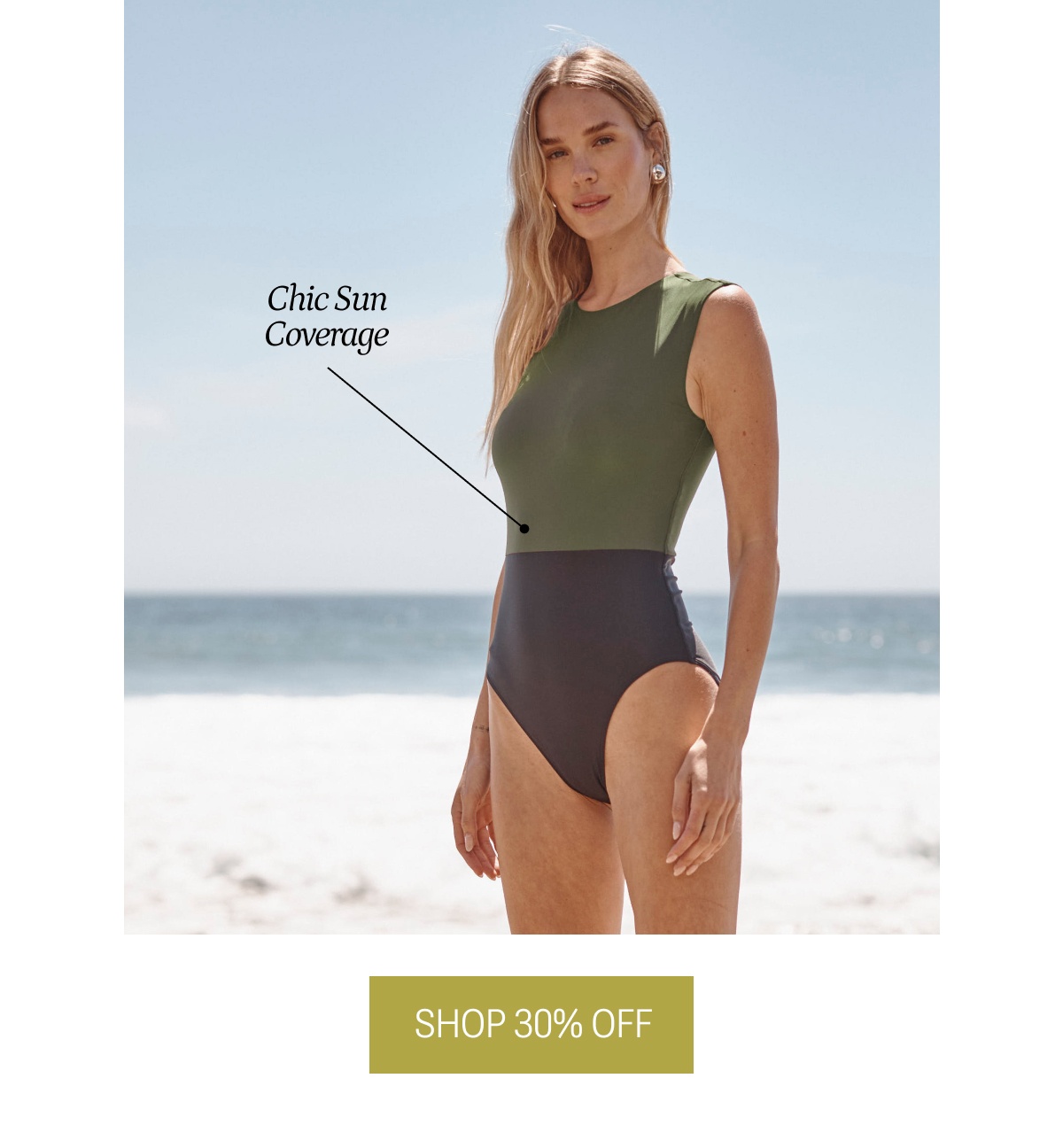 Model in green and black, high neck one piece swimsuit