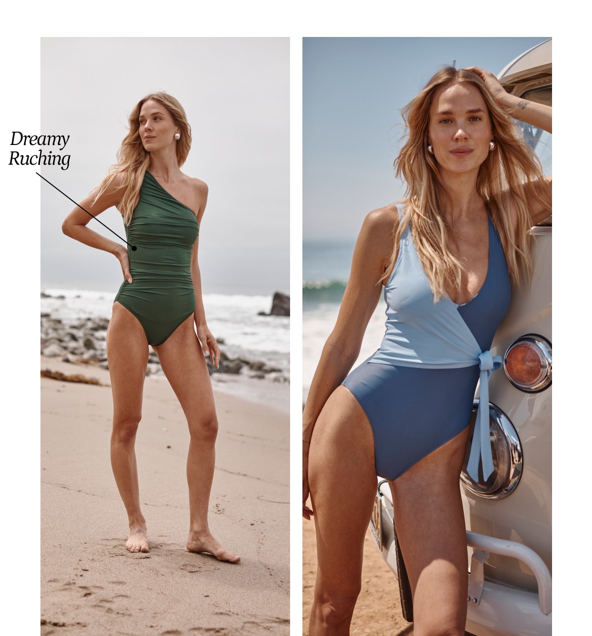 Model wearing olive one piece swimsuit