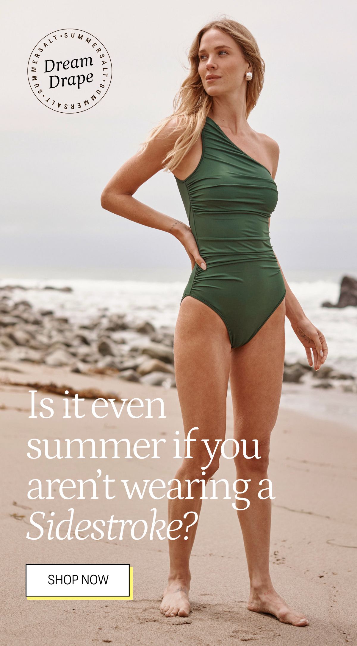 Model in olive green dreamdrape sidestroke