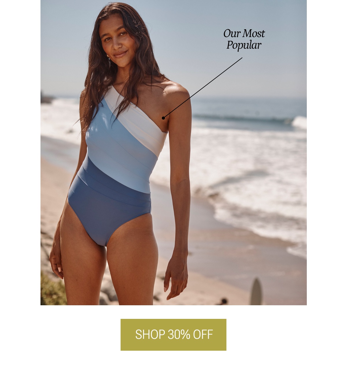 Model in blue and white one piece swimsuit