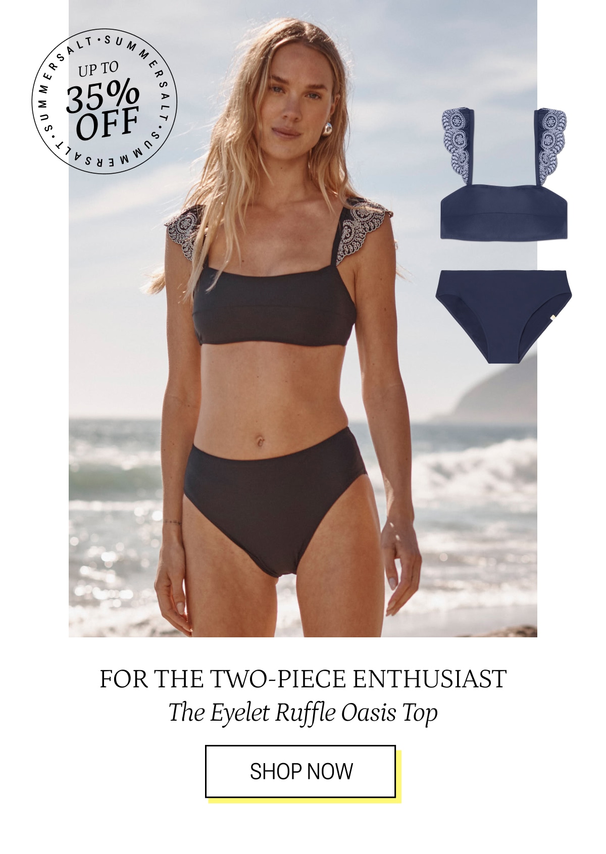 Model in Eyelet Ruffle Oasis Bikini Top