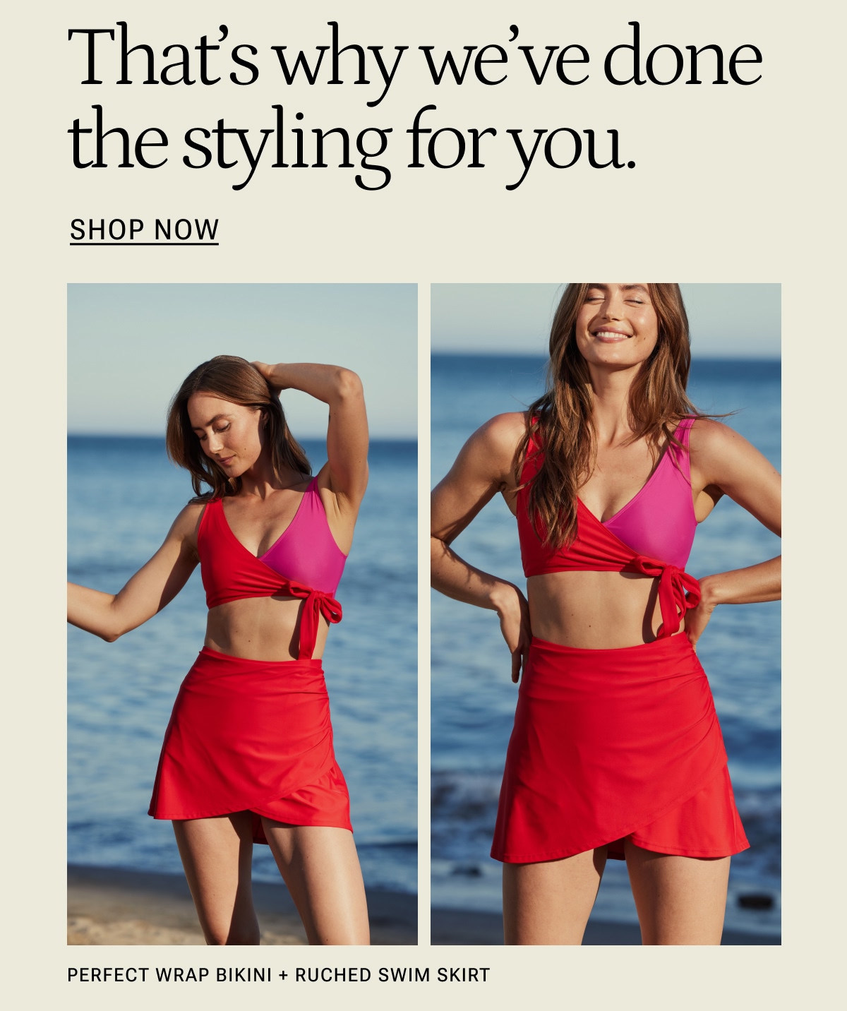 Model in pink and red bikini top and matching ruched swim skirt