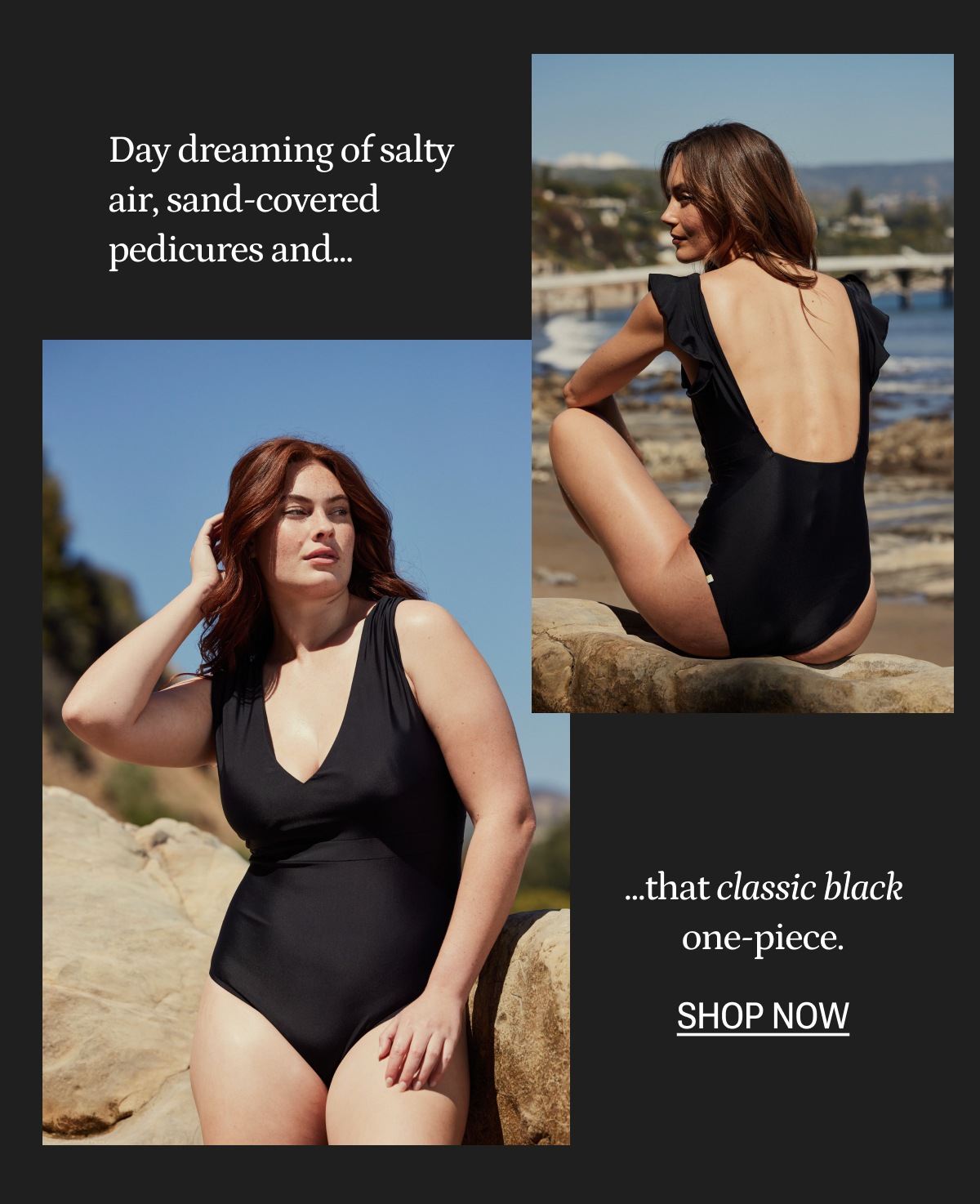 Models in black one piece swimsuits