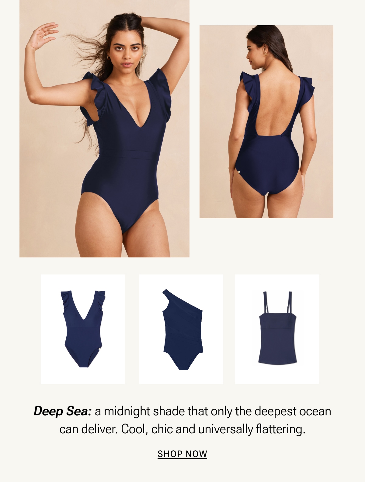Model in navy blue one piece swimsuit
