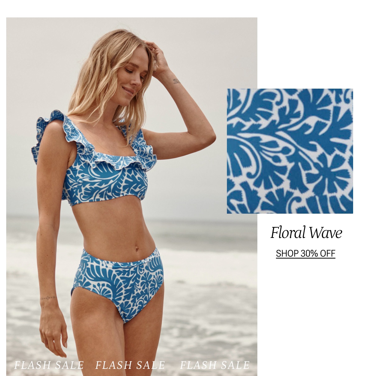 Model in printed bikini top and bottom