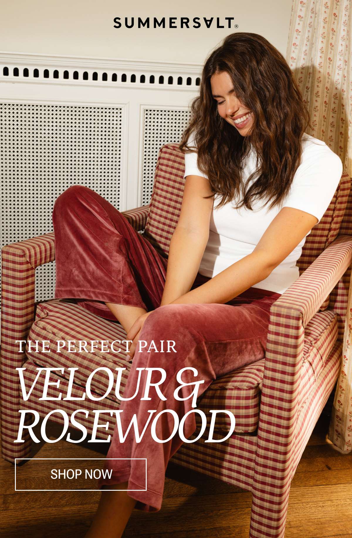 Model in rosewood velour lounge pants