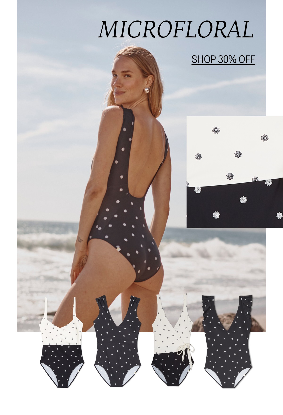 Model wearing a microfloral printed one piece swimsuit