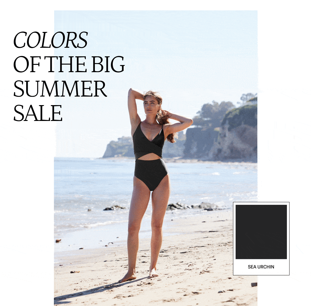 Models in various colored one piece swimsuits