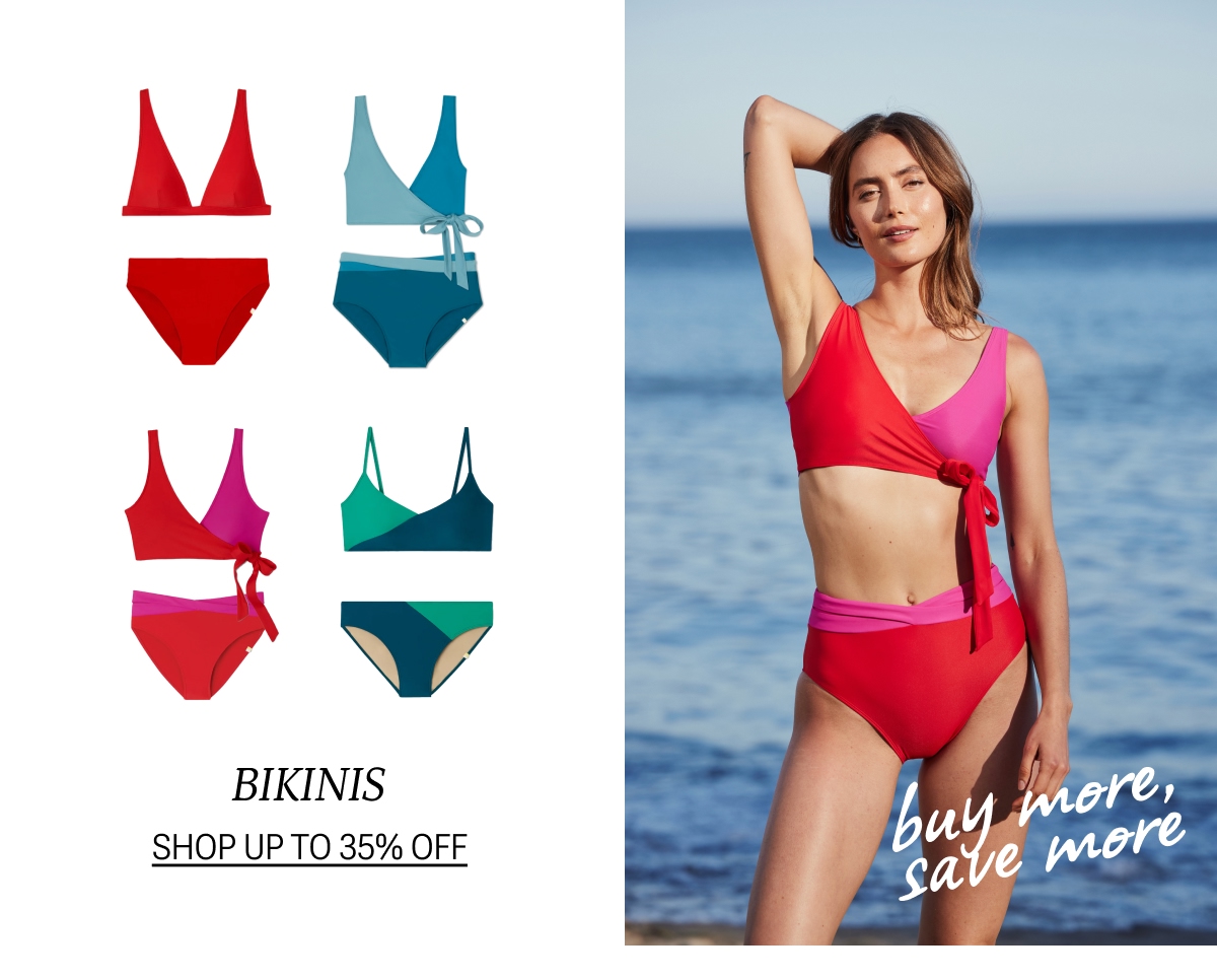 Model in red and pink matching bikini top and bottom