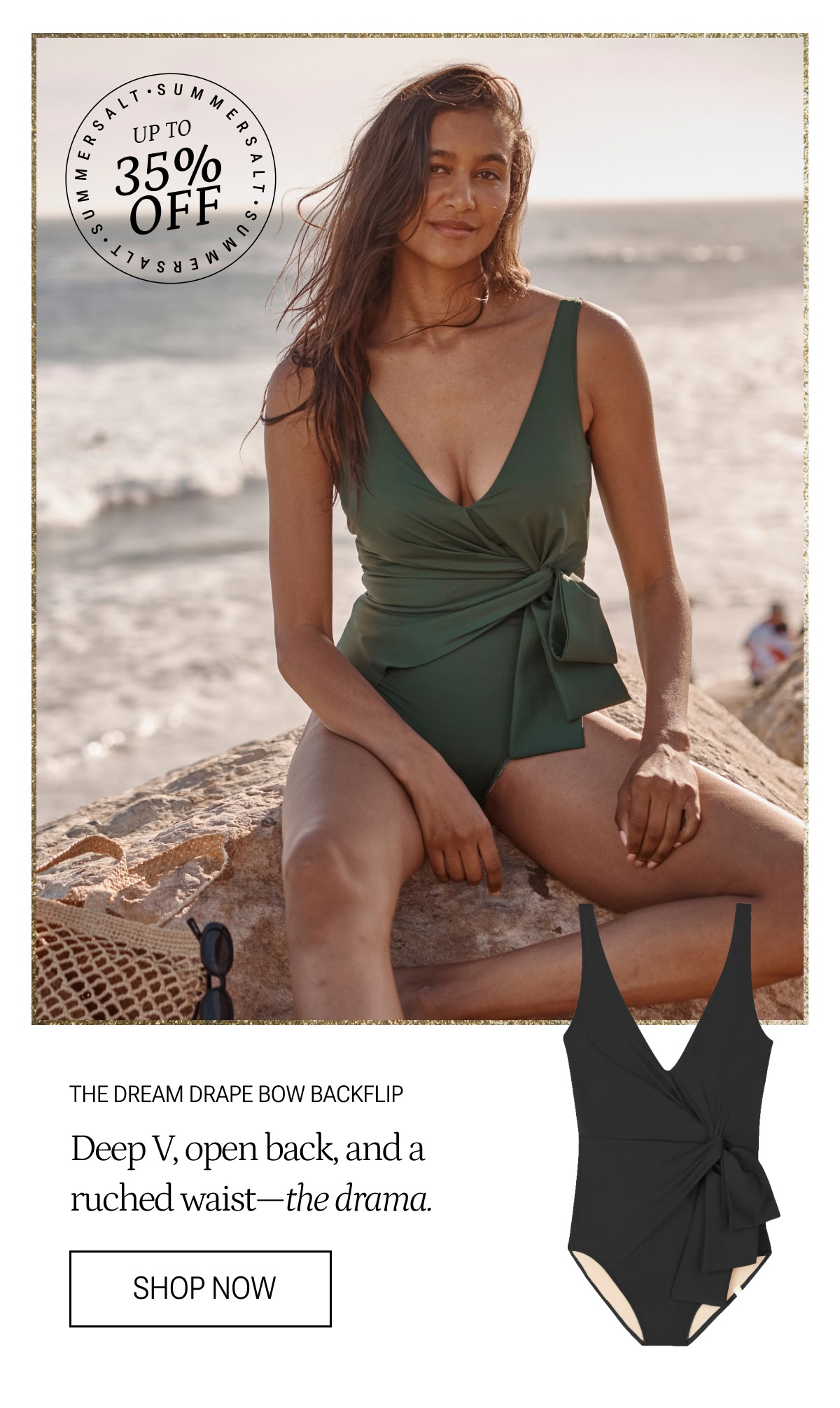 Model in olive green dreamdrape bow backflip