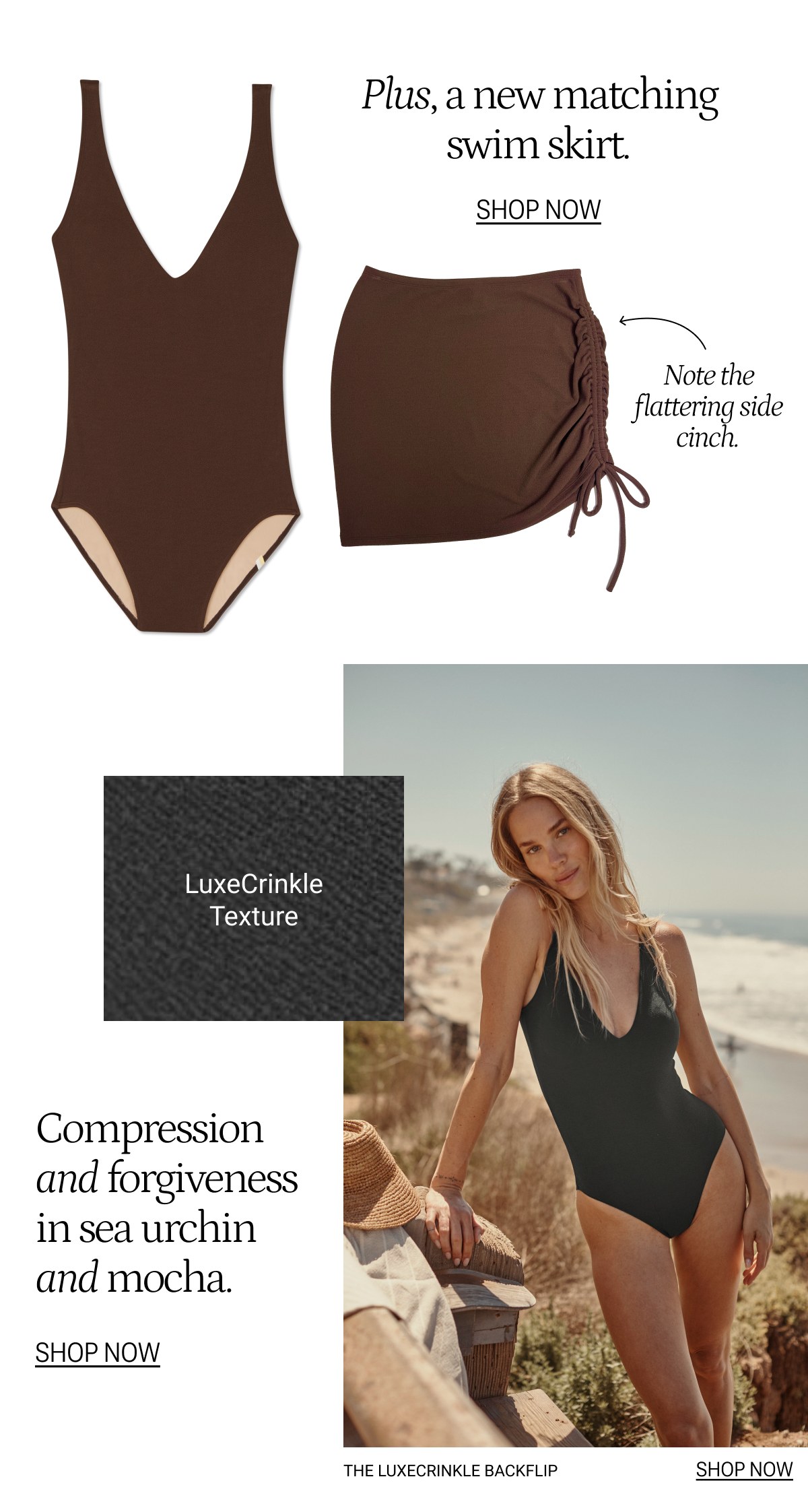 Mocha LuxeCrinkle One Piece and Matching Swim Skirt