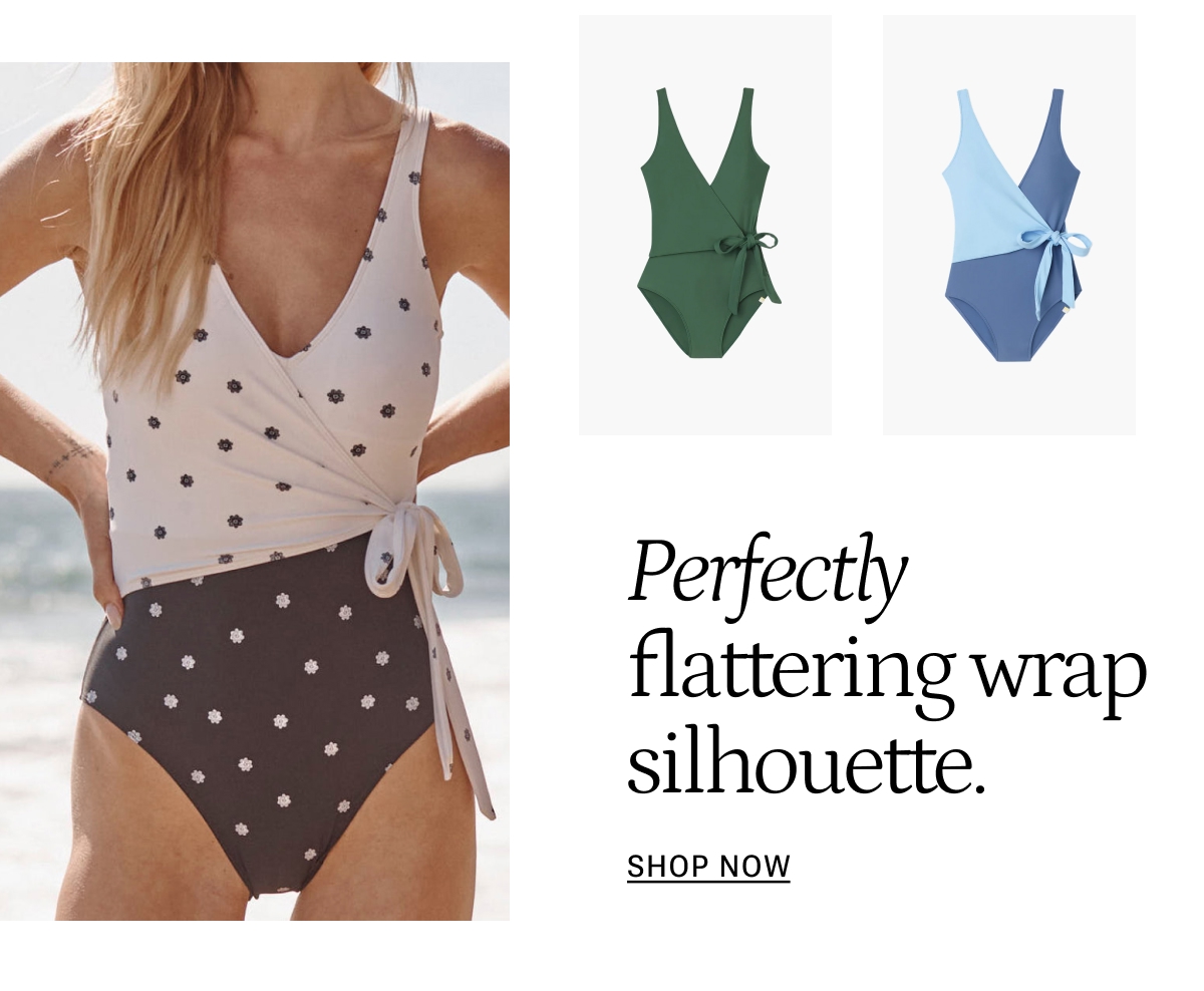 Model in microfloral wrap one piece swimsuit