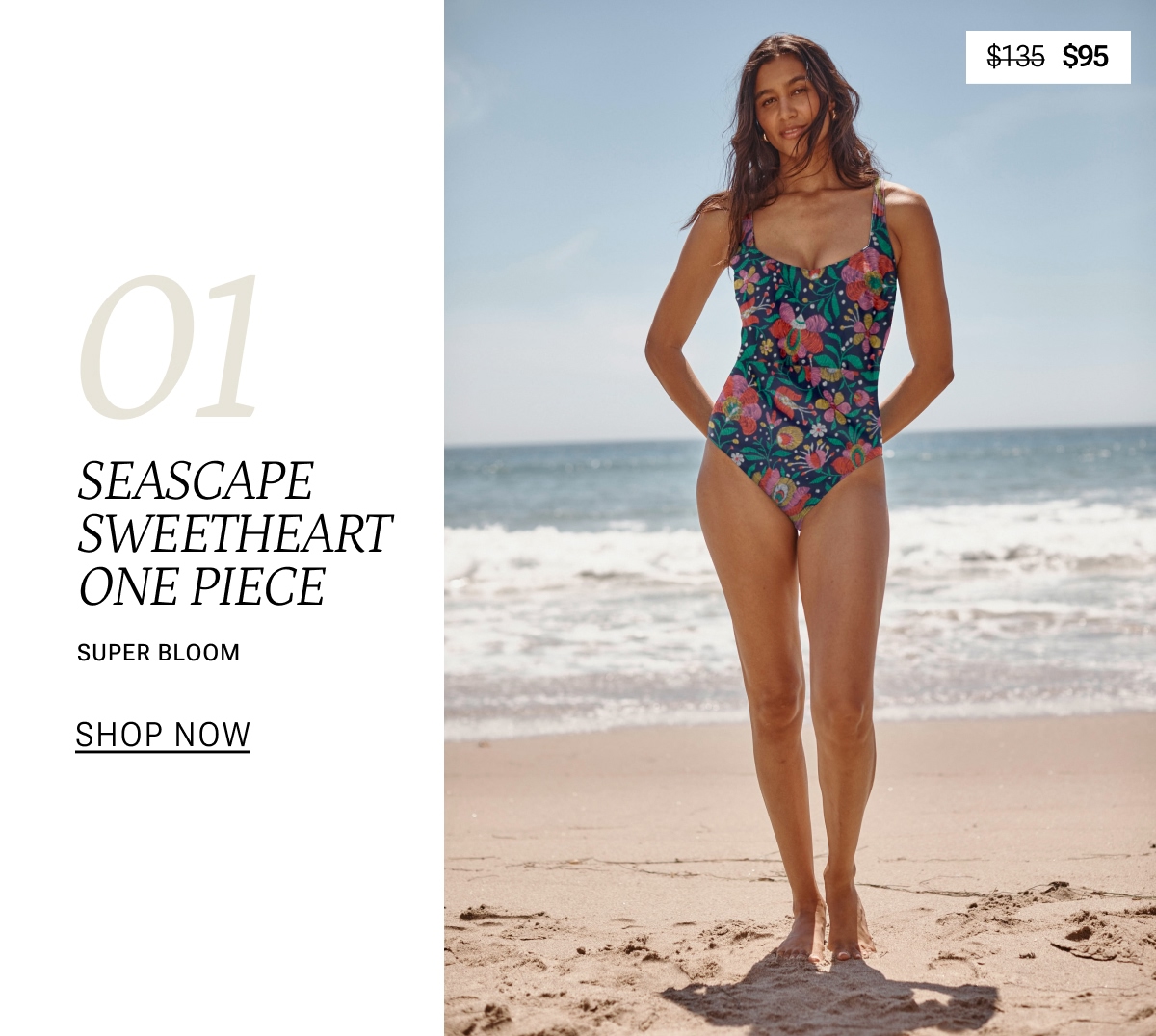 Model in Super Bloom print one piece swimsuit